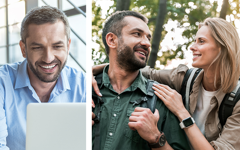 Mann und Frau beim Wandern im Wald und Mann am Laptop. Egal in welchen Situationen, testen Sie die Im-Ohr-Hörgeräte